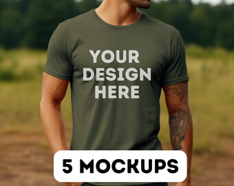 Bella canvas militärgrön mockup-paket, herr-t-shirt mockup, mock 3001, print-on-demand, kommersiellt bruk, gröna t-shirt mockups, 5 pngs