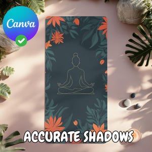 May include: A dark blue yoga mat with a floral pattern in shades of orange and green. A white outline of a person sitting in a yoga pose is in the center of the mat. The text "ACCURATE SHADOWS" is at the bottom of the mat.