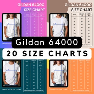 Gildan 64000 Size Chart, G64000 Size Chart, T-shirts Size Chart, Unisex Size Chart, Gildan Shirt Chart, Size Chart Mockup, 5 colors, 20 pngs