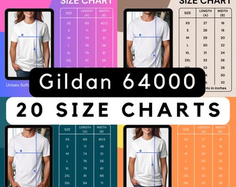 Gildan 64000 Size Chart, G64000 Size Chart, T-shirts Size Chart, Unisex Size Chart, Gildan Shirt Chart, Size Chart Mockup, 5 colors, 20 pngs