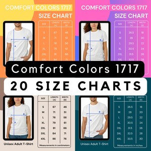 Comfort Colors 1717 Size Chart, T-shirt Size Chart, Unisex Size Chart, Boho Size Chart, Womens Size Chart, 5 colors, 20 pngs