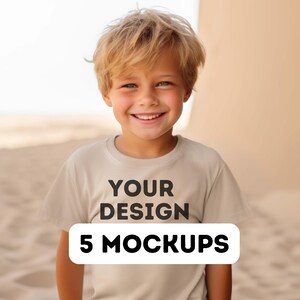 May include: A young person wearing a beige t-shirt with the text "YOUR DESIGN 5 MOCKUPS" printed on the front.