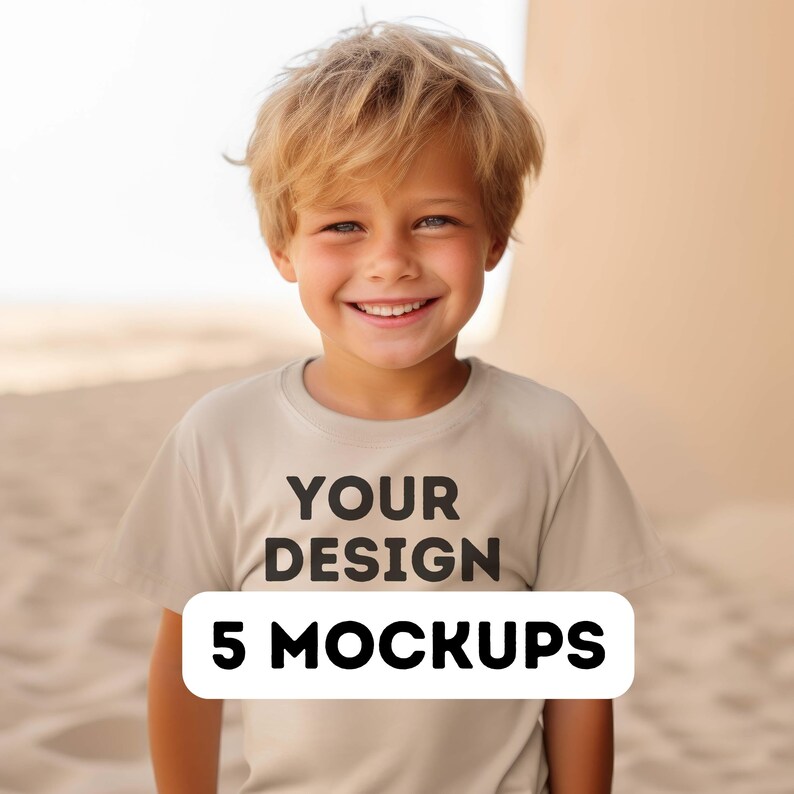May include: A young person wearing a beige t-shirt with the text "YOUR DESIGN 5 MOCKUPS" printed on the front.