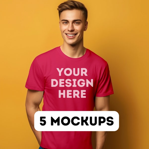 Fuchsia Tshirt Mockup, Fuchsia Bella Canvas Mockup Photo 3001 Fuchsia, Fuchsia TShirt Mockup, Male Mockup 3001, 5 men male model mock-ups