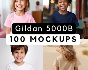 Gildan 5000B Mock-Up Bundle, 100 Print-on-Demand Gildan Mock-Ups, Kinder T-Shirt Mocks, Kinder Tshirt Mocks Bundle, kommerzielle Nutzung, 100 png