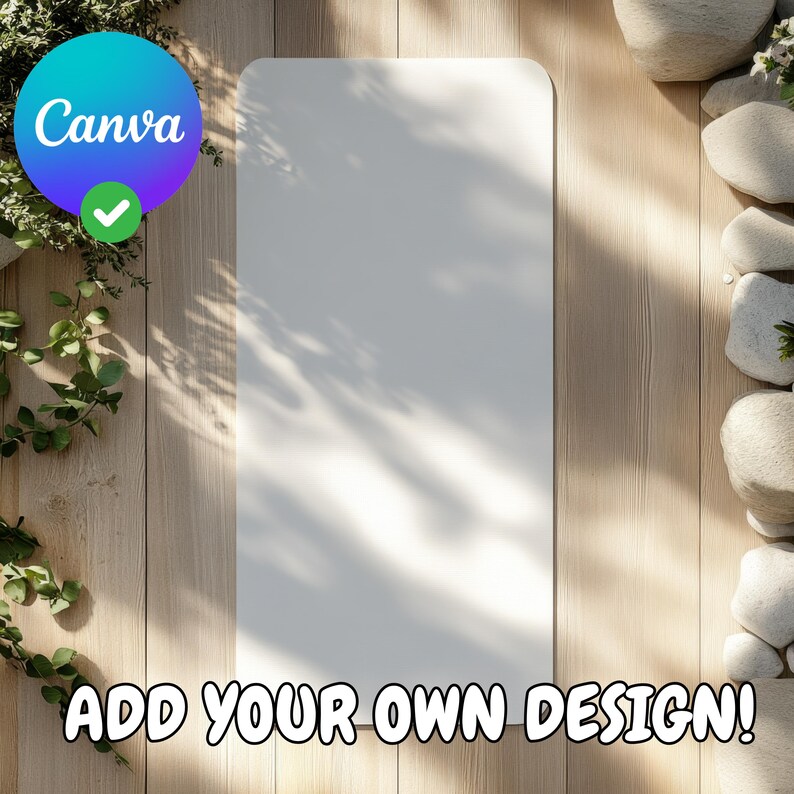 May include: A white blank rectangle with the text "ADD YOUR OWN DESIGN!" at the bottom. The rectangle is on a light wood surface with shadows from the sun.