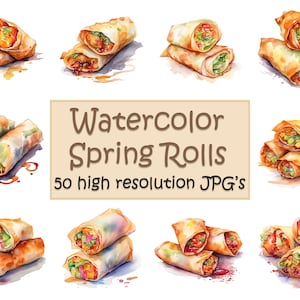 Imágenes prediseñadas de rollitos de primavera, 50 archivos JPG de alta calidad, acuarela, imágenes prediseñadas de rollitos de primavera, rollito de primavera, imágenes prediseñadas de China, artesanía de papel digital