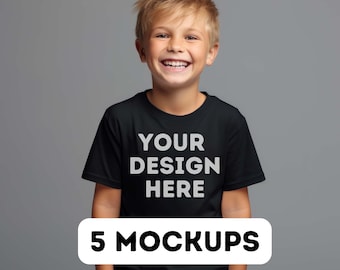 Gildan Youth mockup bundle, Gildan 5000b black mocks, G5000B mock up, Gildan 5000B t-shirt boy mock-up, cute kids mockup, 5 model pngs