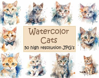 Watercolor cats, 50 high resolution JPG's, cat clipart,  cats, clipart, cute cats, animals, cute cat, kittens, poster print, clipart, JPG