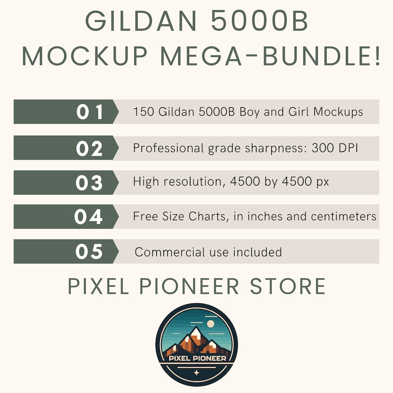 May include: A graphic design mockup bundle for Gildan 5000B t-shirts. The bundle includes 150 mockups, professional grade sharpness at 300 DPI, high resolution images at 4500 by 4500 pixels, free size charts in inches and centimeters, and commercial use is included. The image features a stylized mountain range with the text "Pixel Pioneer" in a circle.
