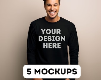 Gildan 2400 mockup bundle, Gildan 2400 black, Long Sleeve Mockup, 2400 black mockup, print-on-demand, commercial use, 5 male model mocks