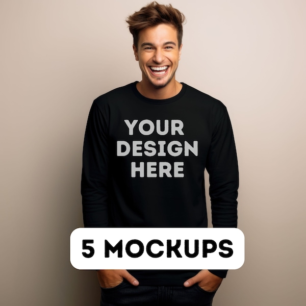 Gildan 2400 mockup bundle, Gildan 2400 black, Long Sleeve Mockup, 2400 black mockup, print-on-demand, commercial use, 5 male model mocks