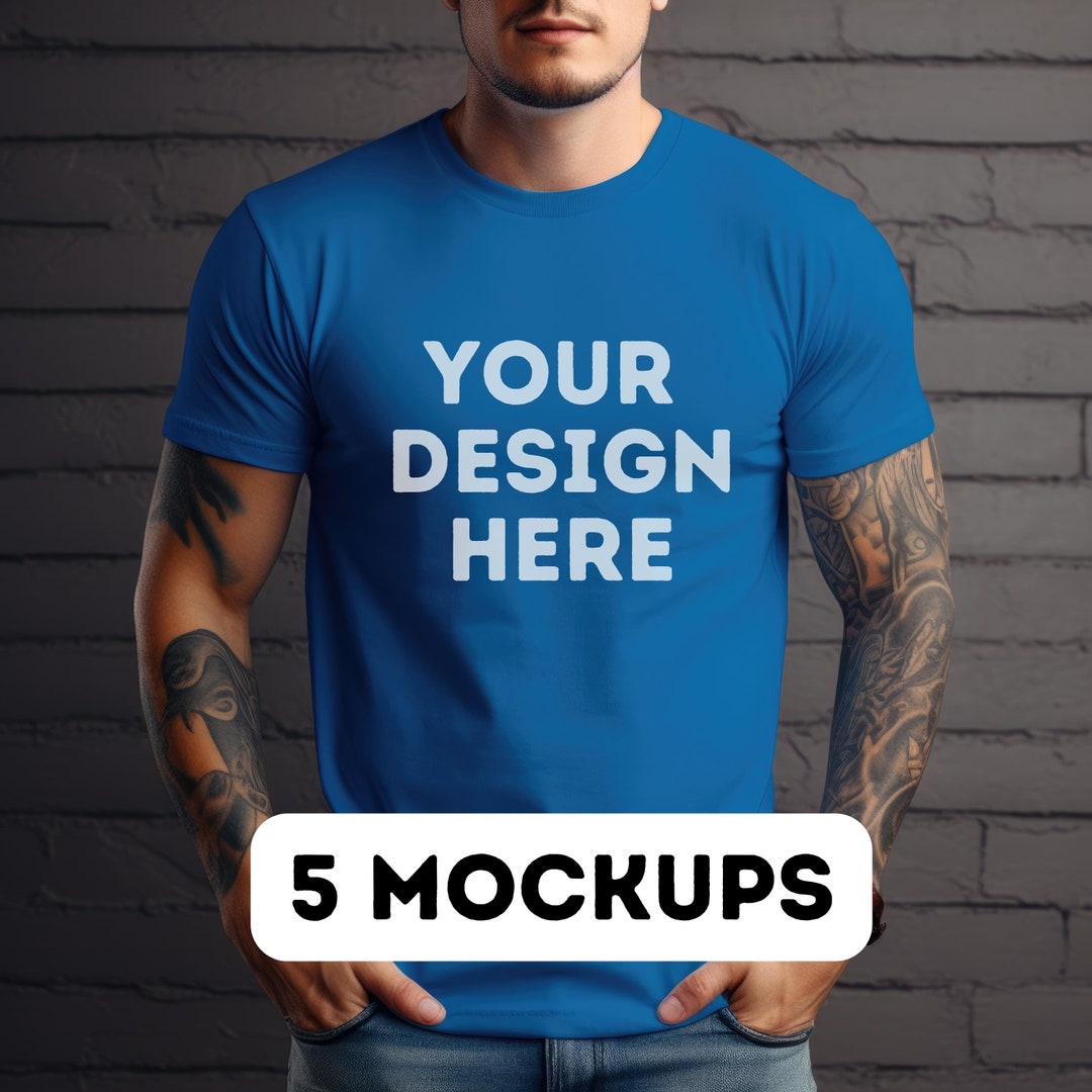 Gildan 64000 Royal Blue Mockups, 5 Male Blue Tee Shirt Mock-ups, Male ...