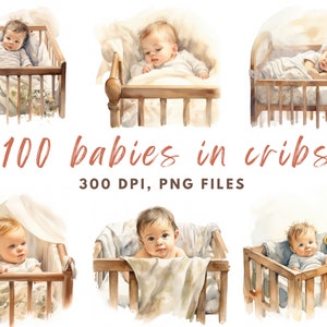 May include: A set of 100 watercolour illustrations of babies in cribs. The illustrations are in a soft, muted colour palette and feature babies in various poses. The text "100 babies in cribs 300 DPI, PNG FILES" is written in the centre of the image.