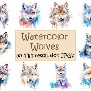 Aquarel wolven, 50 hoge resolutie jpg's, wolf clipart, wolven, clipart, wolf clipart, dierlijke kunst, poster print, clipart, jpg
