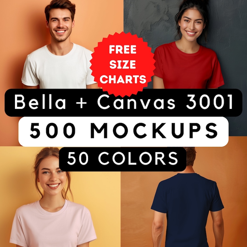 以下が含まれることがあります： Bella + Canvas 3001 Tシャツのモックアップ500点セット。50色展開。無料のサイズチャート付きです。