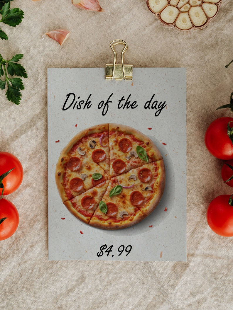 K&ouml;nnte beinhalten: Eine Papierkarte mit dem Text "Gericht des Tages" und einem Foto einer Pepperoni-Pizza mit Pilzen, Zwiebeln und Basilikum. Der Preis betr&auml;gt 4,99 &euro;.