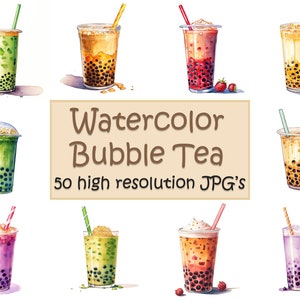Chá de bolhas clipart aquarela Chá de bolhas Boba chá boba nai cha papel digital caft 50 JPGs de alta qualidade
