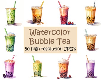 Bubble Tea Clipart Aquarell Bubble Tea Boba tea boba nai cha digitales Papier caft 50 hochwertige JPG’s