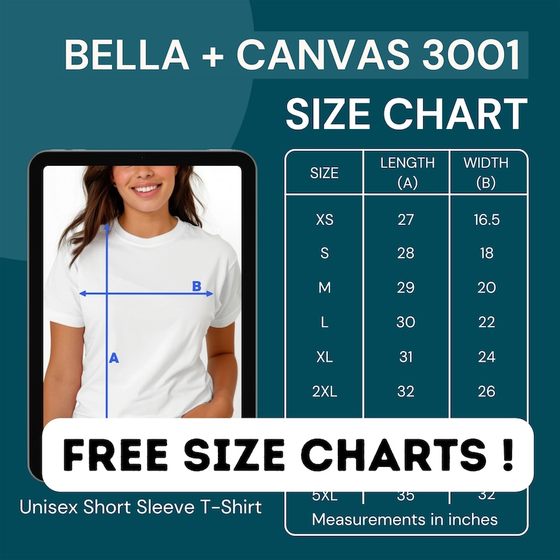 以下が含まれることがあります： Bella + Canvas 3001 ユニセックス 半袖 Tシャツのサイズチャート。チャートは、XS から 2XL と 5XL のサイズについて、長さ、幅をインチで示しています。