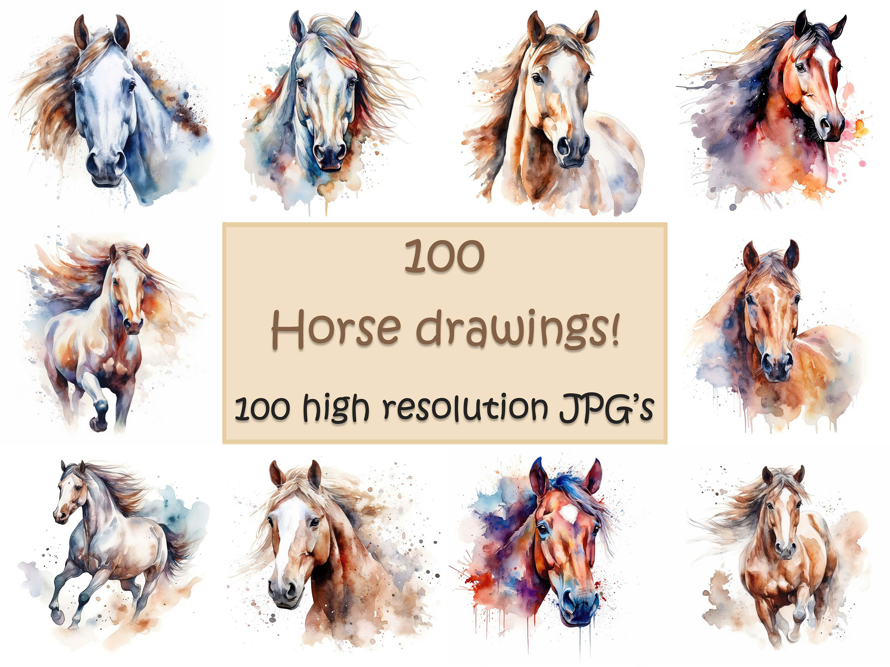 Horse Clipart Bundle Watercolor Drawings Horses 100 JPG Files Etsy