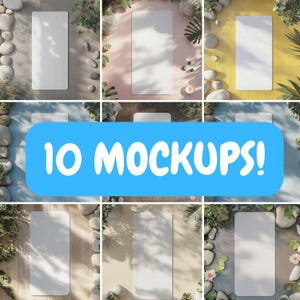May include: Ten mockups of a white yoga mat on different backgrounds. The backgrounds include wood, stone, and grass. The mats are all in a vertical orientation.