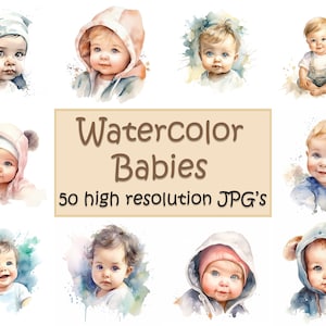 Bebés en acuarela, 50 archivos JPG de alta resolución, clipart de bebé, bebés, clipart, bebés lindos, niños lindos, impresión de póster, clipart, JPG