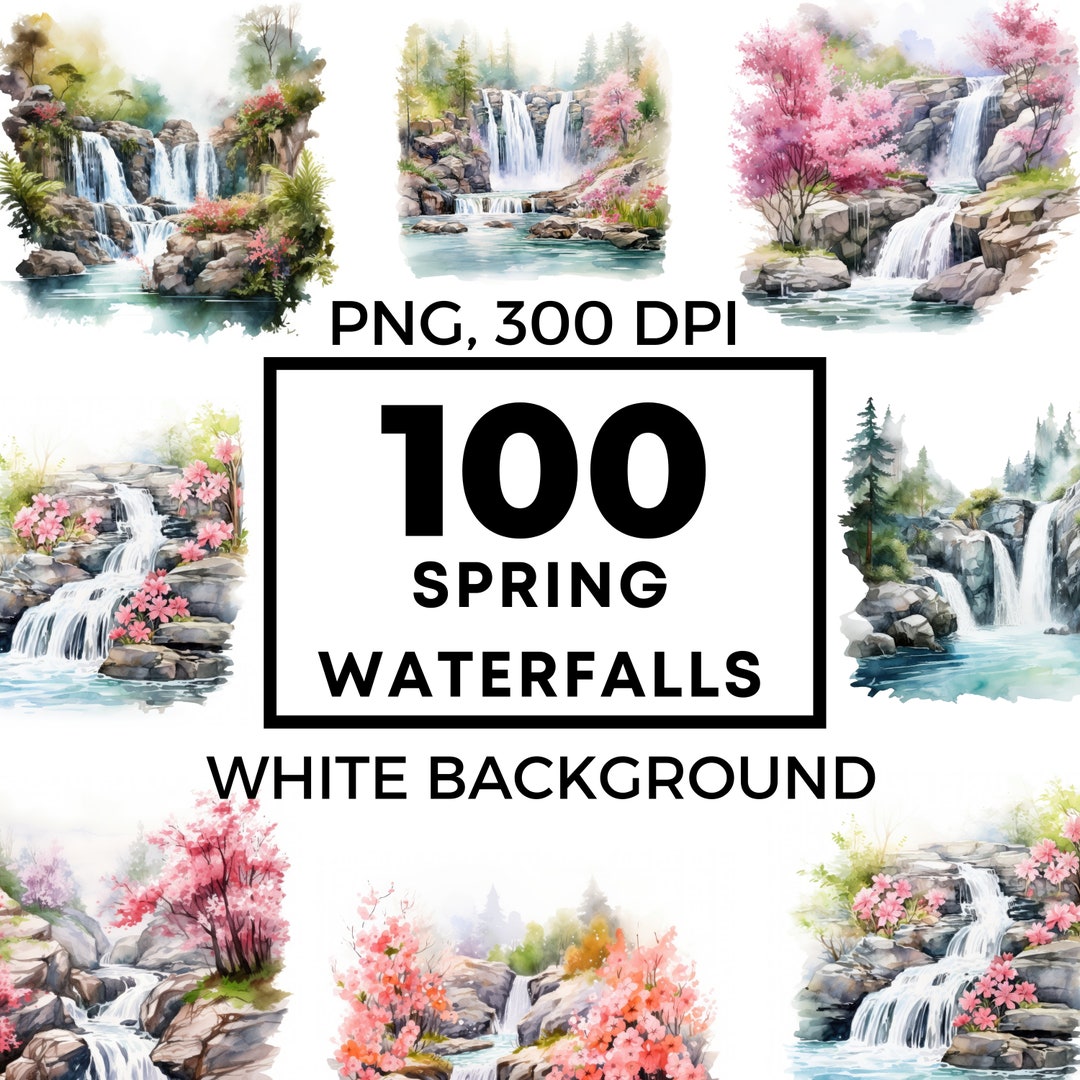 Spring Landscape, Spring Waterfall, Watercolor Waterfall Clipart ...