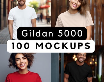 Gildan 5000 tshirt mockups bundle, 100 Gildan 5000 mockups, male mockup, female mockup, print-on-demand, commercial use, 100 model pngs