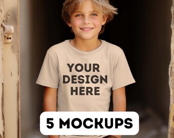 Gildan 5000b sand mocks, Gildan Youth mockup bundle,  G5000B beige mock up, Gildan 5000B t-shirt boy mock-up, cute kids mockup, 5 model pngs