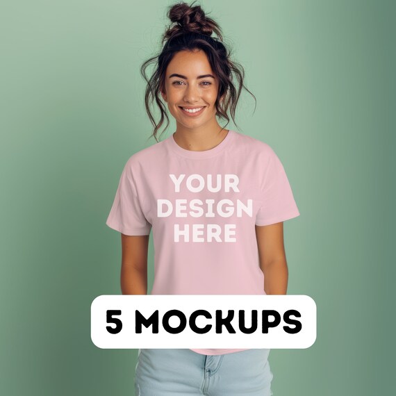 Stanley Stella Mock Cotton Pink, STTU755 Mockup Bundle, Eco tee Mockup, Stella Mockup Pink, Stanley Mockup Cotton Pink, 5 female model mocks