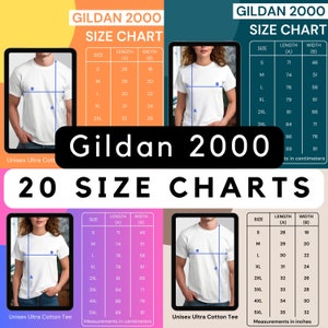 Gildan 2000 Size Chart, G2000 Size Chart, T-shirts Size Chart, Unisex Size Chart, Gildan Shirt Chart, Size Chart Mockup, 5 colors, 20 pngs