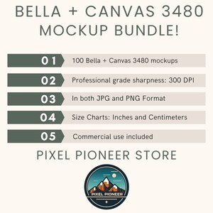 Pu&ograve; includere: Un elenco di prodotti digitali per 100 mockup Bella + Canvas 3480. L'elenco evidenzia caratteristiche come la nitidezza di qualit&agrave; professionale a 300 DPI, la disponibilit&agrave; nei formati JPG e PNG, le tabelle delle taglie in pollici e centimetri e l'uso commerciale incluso. L'elenco &egrave; di Pixel Pioneer Store.