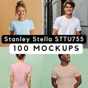 May include: Four people are wearing different colored t-shirts. The t-shirts are light blue, white, pink, and beige. The text "Stanley Stella STTU755 100 MOCKUPS" is displayed on the image.