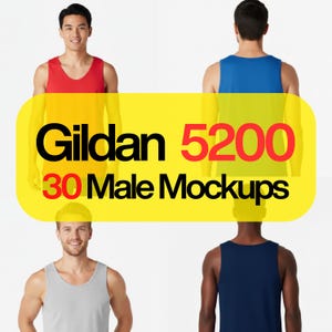 Puede incluir: Una maqueta de producto con cuatro hombres que visten camisetas sin mangas rojas, azules, grises y azul marino. La imagen incluye el texto "Gildan 5200" y "30 Male Mockups" sobre un fondo amarillo. Las camisetas sin mangas se muestran por delante y por detrás.