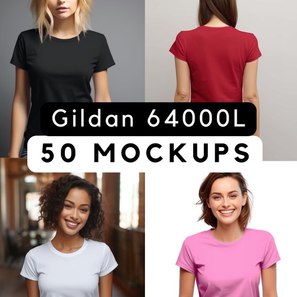 Lot de maquettes Gildan 64000L, lot de maquettes de t-shirt féminin, maquettes de t-shirt Gildan, impression à la demande, utilisation commerciale incluse, 50 modèles féminins