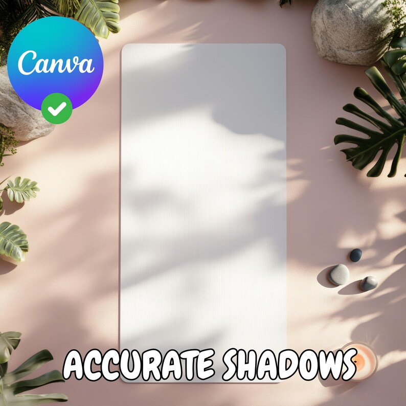 May include: A white rectangular surface with a shadow cast on it. The surface is surrounded by green leaves and small stones. The text "ACCURATE SHADOWS" is written below the surface.