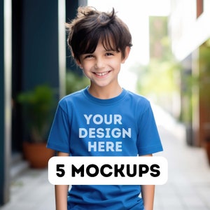 Gildan 5000B Royal Blue mockup bundle, Gildan Youth Mockup, blue G5000B mock up, Gildan 5000B tshirt boy mockup, cute kids mockup, 5 models