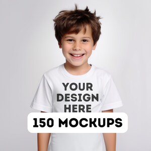 May include: A young person wearing a white t-shirt with the text "YOUR DESIGN HERE" printed on the front. The text "150 MOCKUPS" is printed below the shirt.
