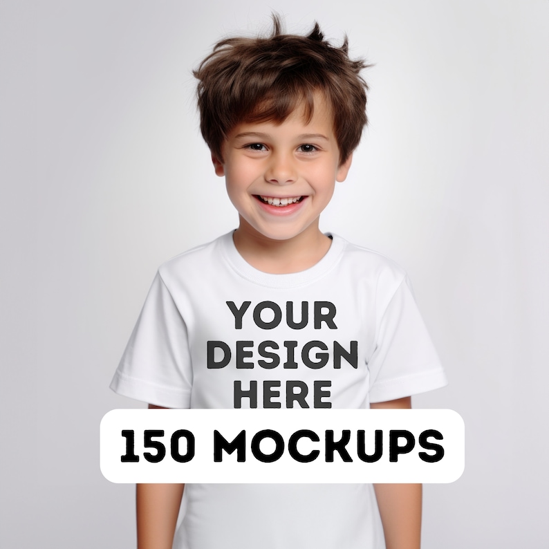 May include: A young person wearing a white t-shirt with the text "YOUR DESIGN HERE" printed on the front. The text "150 MOCKUPS" is printed below the shirt.