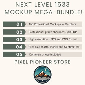 Pu&ograve; includere: Una grafica con il testo "NEXT LEVEL 1533 MOCKUP MEGA-BUNDLE!" e un elenco di cinque caratteristiche: 150 mockup professionali in 25 colori, Nitidezza di qualit&agrave; professionale: 300 DPI, Alta risoluzione, formato JPG e PNG, Tabelle di dimensioni gratuite, Pollici e centimetri, Uso commerciale incluso. La grafica include anche il testo "PIXEL PIONEER STORE" e un logo con il testo "PIXEL PIONEER".