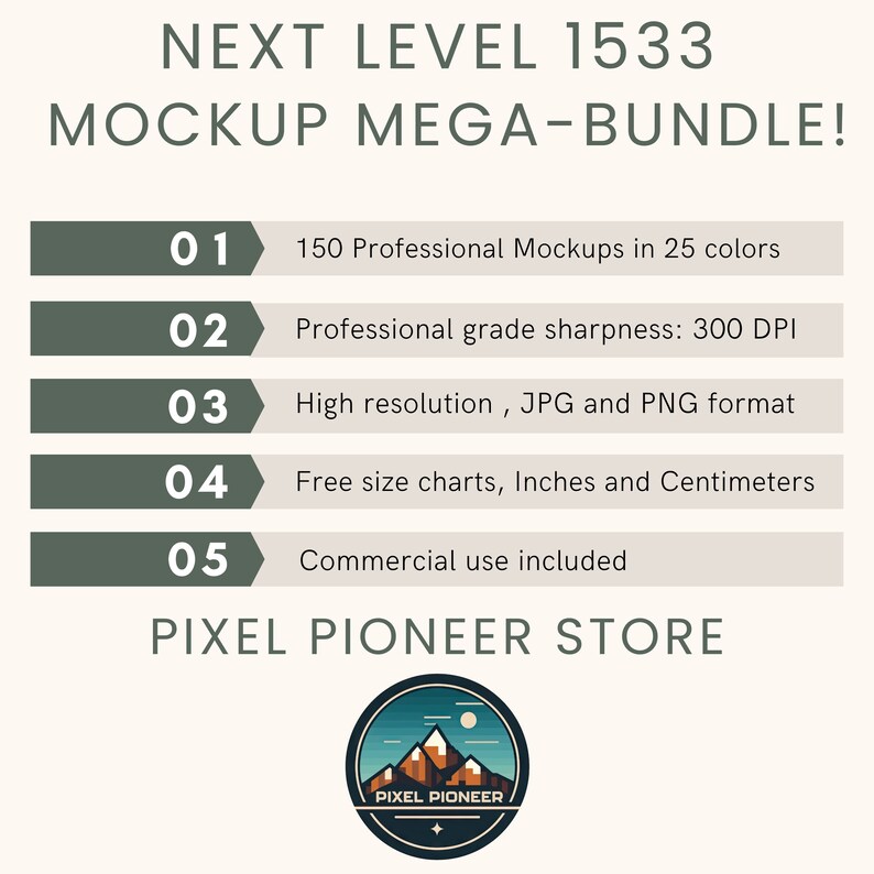 Pu&ograve; includere: Una grafica con il testo "NEXT LEVEL 1533 MOCKUP MEGA-BUNDLE!" e un elenco di cinque caratteristiche: 150 mockup professionali in 25 colori, Nitidezza di qualit&agrave; professionale: 300 DPI, Alta risoluzione, formato JPG e PNG, Tabelle di dimensioni gratuite, Pollici e centimetri, Uso commerciale incluso. La grafica include anche il testo "PIXEL PIONEER STORE" e un logo con il testo "PIXEL PIONEER".