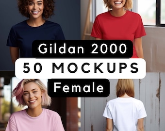 Gildan 2000 Mock bundle, Gildan 2000 shirt, Gildan 2000 female mockups, Natural Gildan shirt, Print on Demand Mock, 50 female mock-up pngs