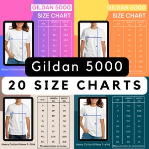 Gildan 5000 Size Chart, G5000 Size Chart, T-shirts Size Chart, Unisex Size Chart, Gildan Shirt Chart, Size Chart Mockup, 5 colors, 20 pngs