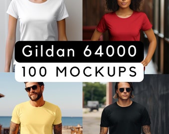 May include: Four different people wearing plain t-shirts in various colors, including white, red, yellow, and black.  The image is labeled "Gildan 64000 100 MOCKUPS".