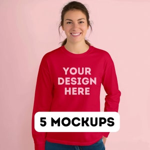 Gildan 2400 Red mockup, G2400 Red Womens Mockup bundle, Red Long Sleeve Mockup T Shirt, print-on-demand, commercial use, 5 female mock-ups