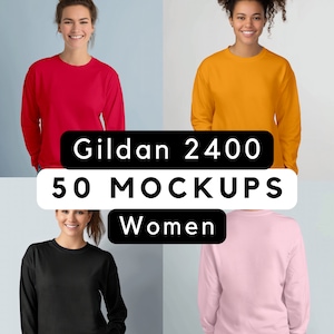 Puede incluir: Cuatro camisetas de manga larga Gildan 2400 en diferentes colores: rojo, naranja, negro y rosa. 50 maquetas Mujeres.