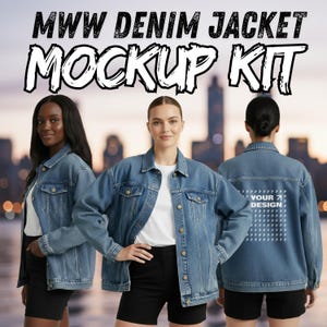May include: Three people wearing light blue denim jackets. The jackets have a classic design with button closures and pockets. The text "MWW DENIM JACKET MOCKUP KIT" is displayed at the top. The back of one jacket has the text "YOUR DESIGN" with a pattern.
