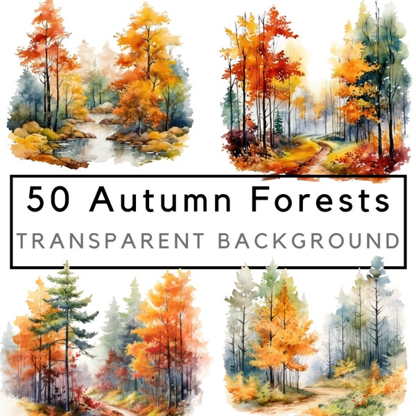 Autumn landscape png, Forest clipart, fall forest clip art, watercolor autumn forest art, commercial use, POD allowed, 50 drawings