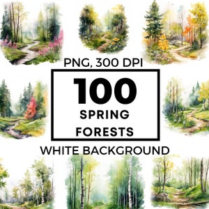 Spring forest clipart, watercolor spring forest art, spring landscape, spring forest png, commercial use, POD allowed, 100 images